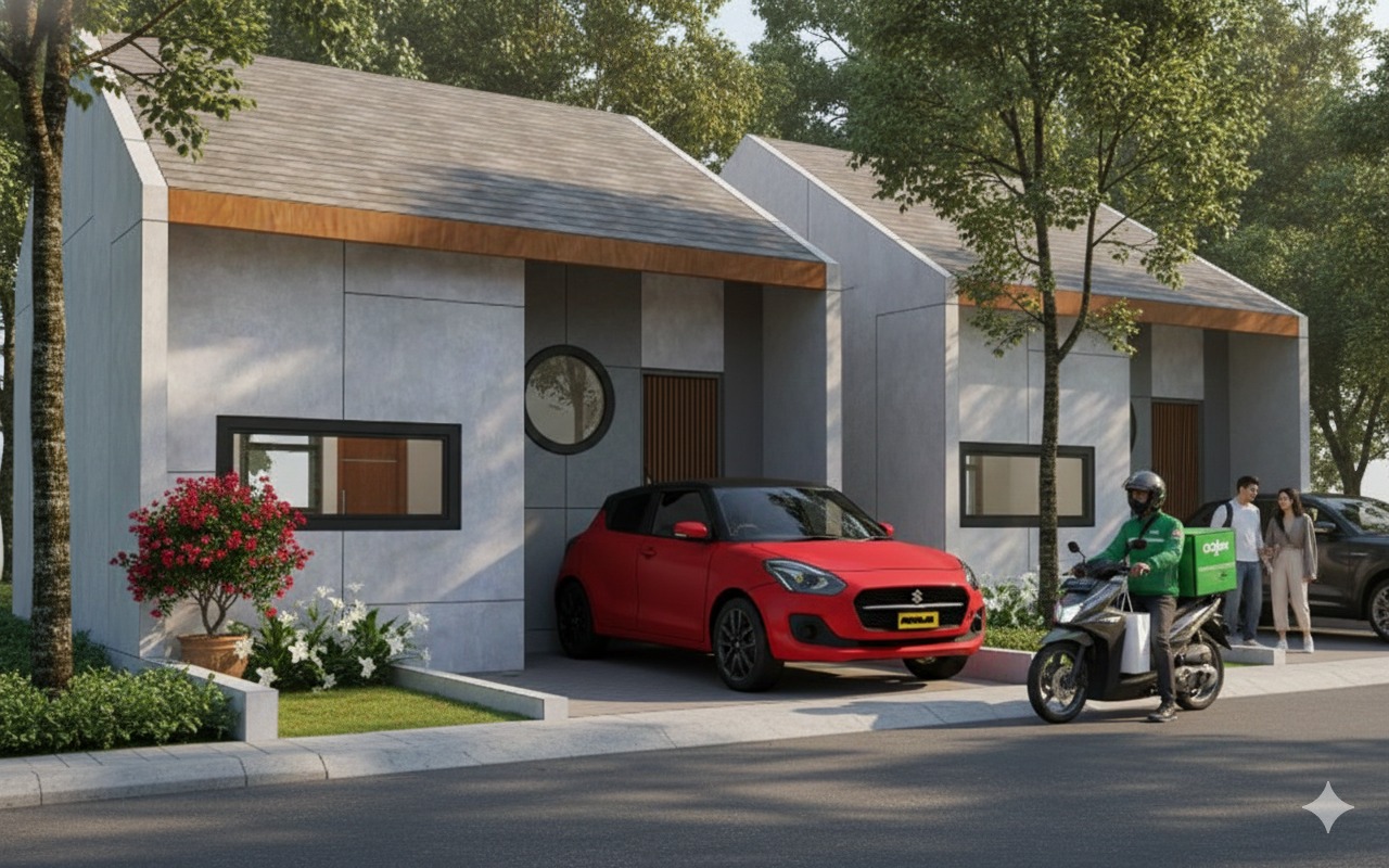 Hero render kawasan Firdaus Private Villa — view taman & jalan utama