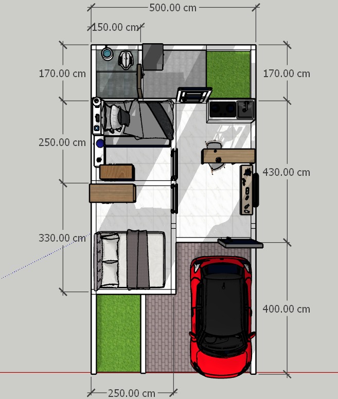 Denah unit Firdaus Private Villa tampak atas 2 kamar tidur